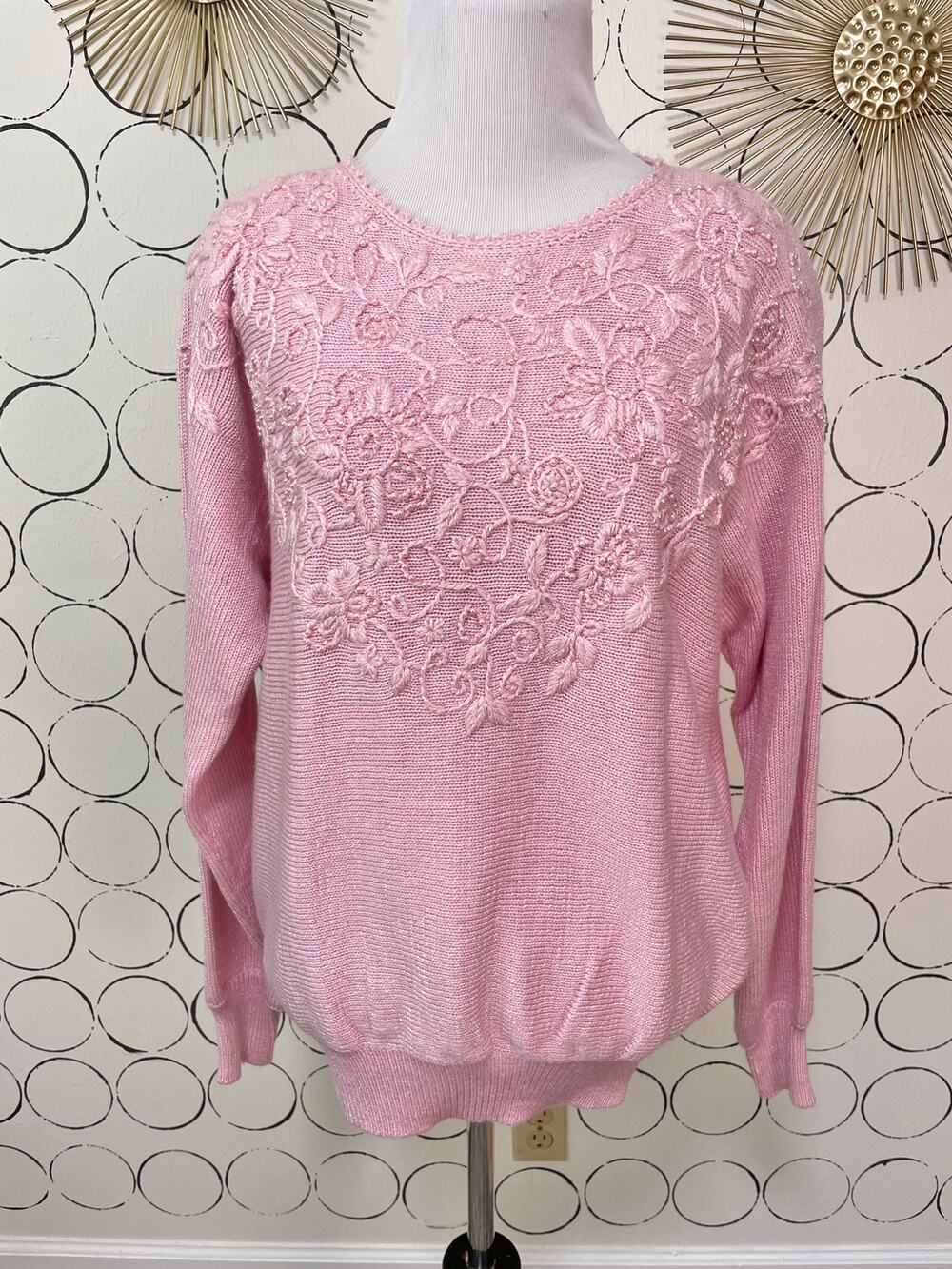 VTG Jaclyn Smith Womens Knit Sweater M Pastel Pink Beaded Coquette Floral Dainty